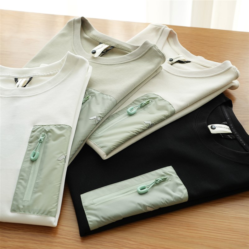 山系户外风 男士棉质T恤 撞色口袋圆领短袖 宽松休闲 夏款男装