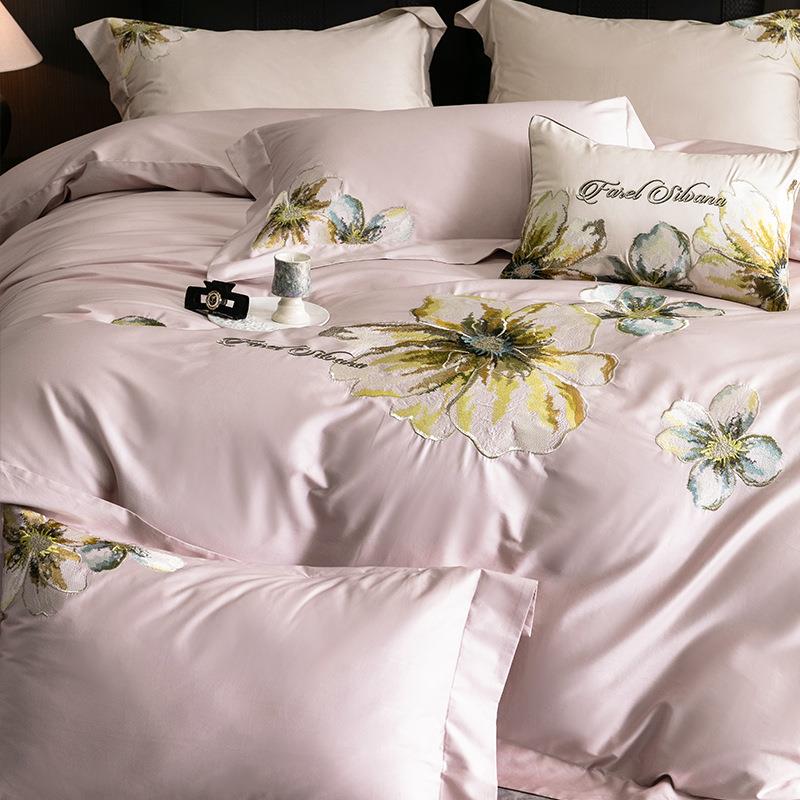 唯美花卉刺绣全棉四件套水墨风纯棉被套床单高端时尚主卧床上用品