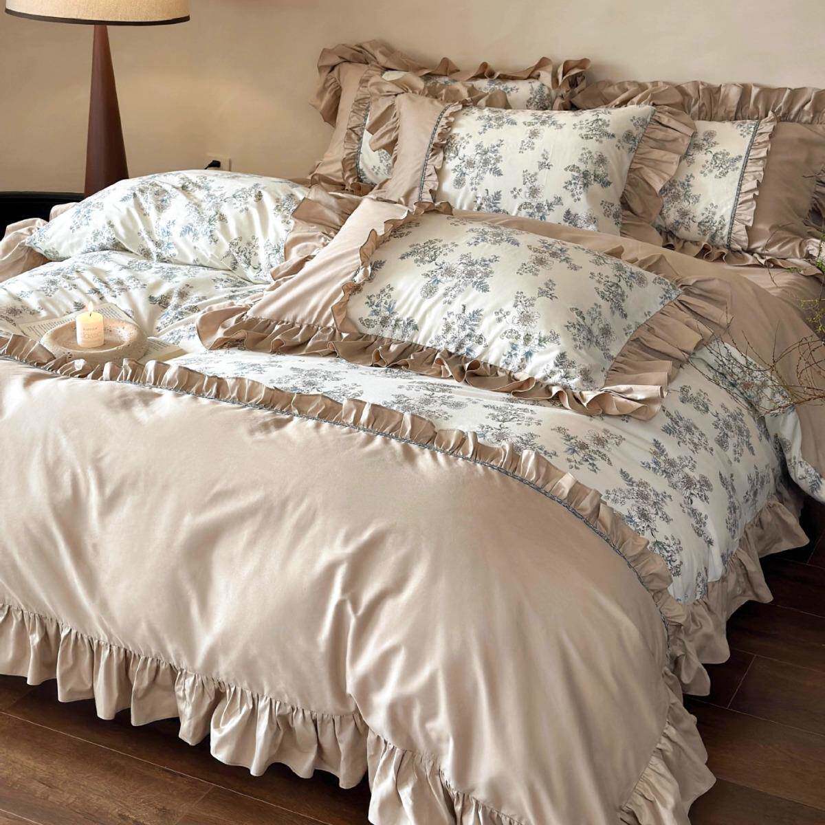 复古风法式全棉四件套花卉印花纯棉荷叶花边被套床单1.8m床上用品