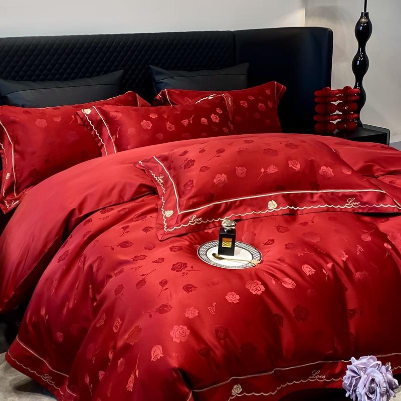 2024高档提花婚庆床上四件套大红色床单被套结婚用品床笠四件套