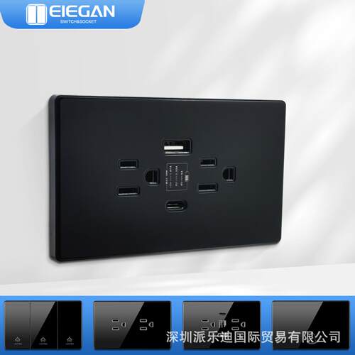 美规 全面钢化玻璃面板美式泰式黑色USB+Type-c快充