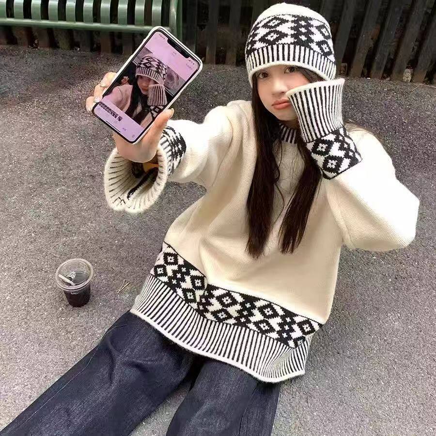 已出货撞色复古毛衣女圆领新款提花宽松套头慵懒百搭针织衫上衣