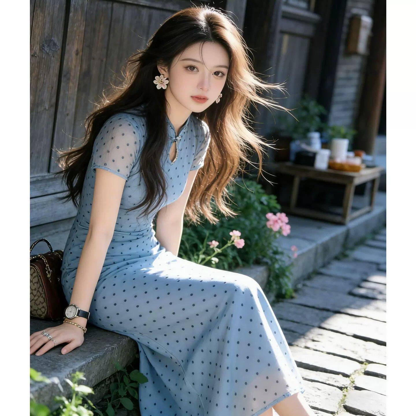 已出货波点短袖旗袍连衣裙女夏季绝美巨好看气质修身包臀长裙子