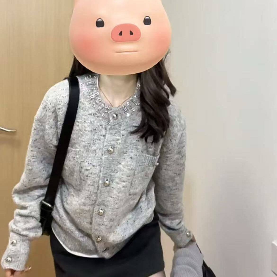 已出货新款小香韩系风灰色毛衣外套短款女早秋季小个子针织开衫上