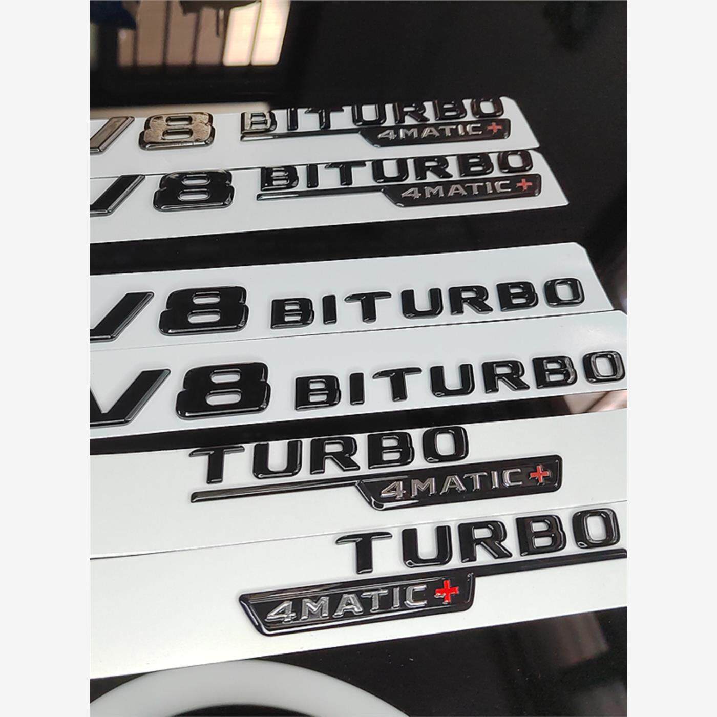 适用奔驰原厂英文黑色V8biturbo4matic+车标63四驱53车贴Benz侧标