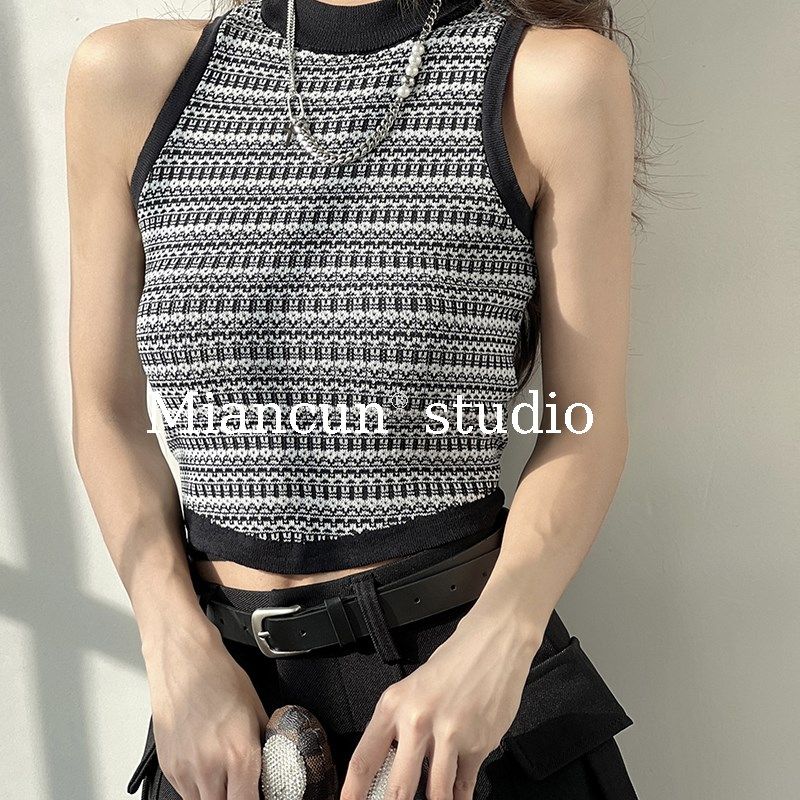 修身拼接黑色条纹绑带背心女短款外穿高腰漏脐打底吊带针织小上衣