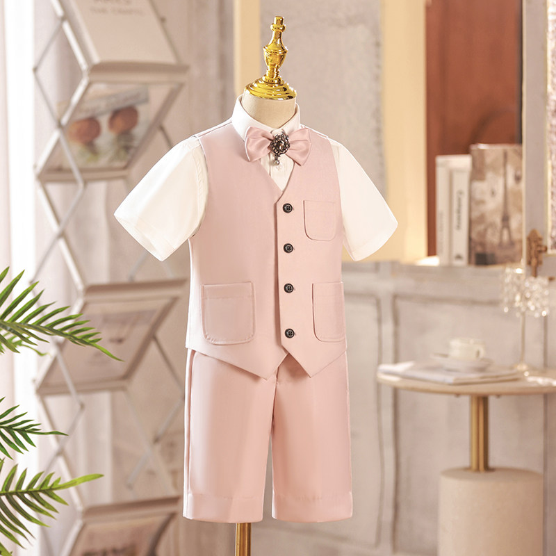 男童礼服夏季2023新款儿童主持人西装套装粉色走秀演出服花童马甲