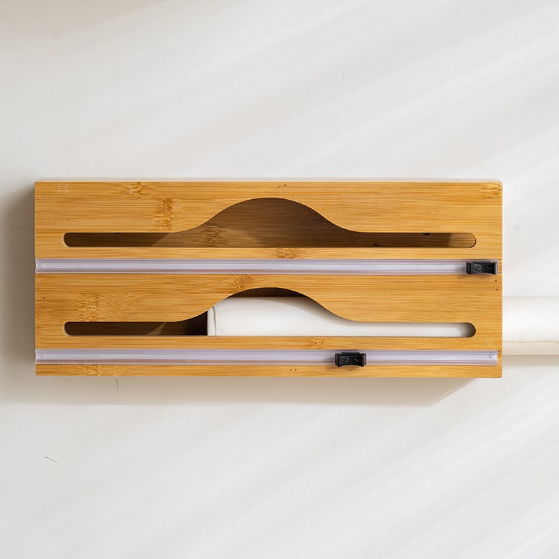 竹木保鲜膜收纳盒锡箔纸切割器桌面壁挂家用厨房新款垃圾袋收纳