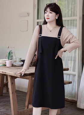 显瘦大码胖MM针织拼接吊带假两件套装连衣裙垂坠感A字裙秋季新款