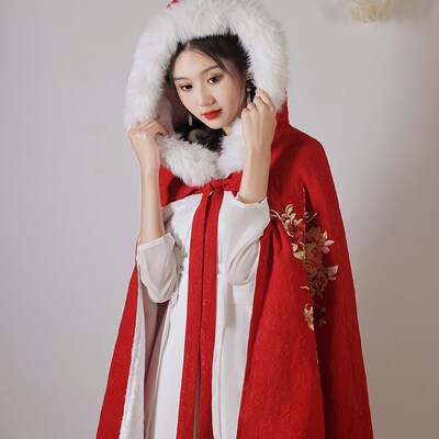 红色披肩汉服女冬季长款古风斗篷披风披肩加厚加绒保暖毛领小个子