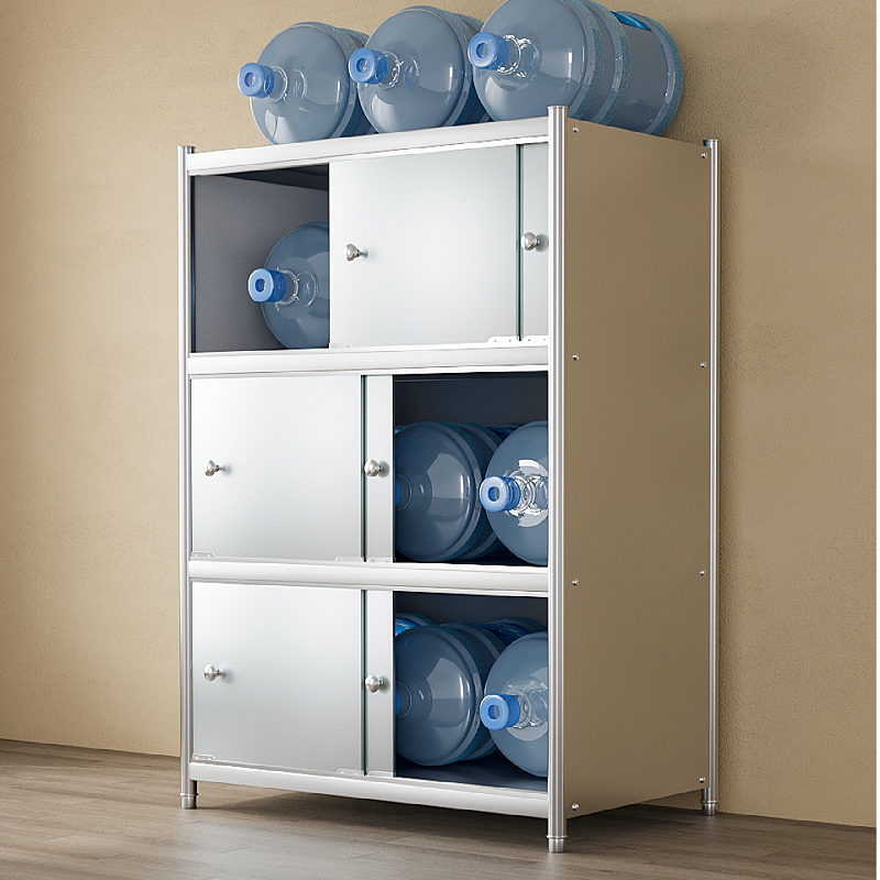 不锈钢置物架带门柜门厨房落地微波炉架子家用收纳橱柜带背板多层