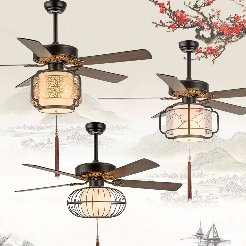 新中式吊扇灯led餐厅卧室风扇灯木叶家用静音灯客厅梅花简约吊灯
