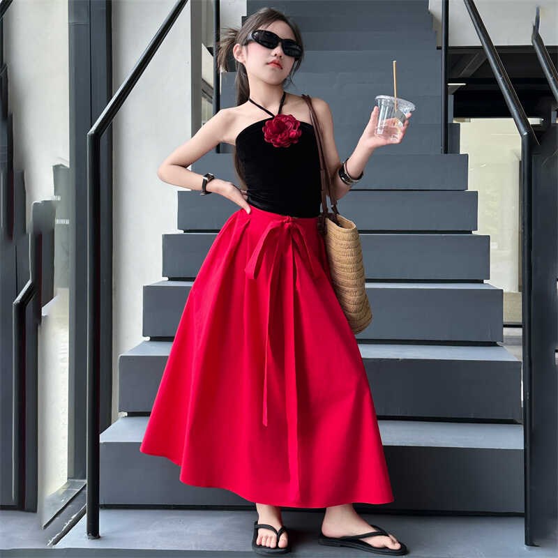 女孩夏装法式时尚套装海边度假挂脖吊带背心大裙摆蝴蝶结红色长裙