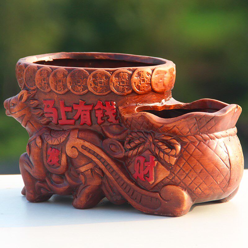 马上有钱陶瓷花盆发财树多肉组合个性创意复古红陶土双口连体花盆