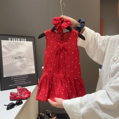 【送发圈】高级感红色巨显白波点花苞裙女宝宝夏季小花背心裙