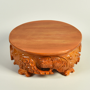 黄料实木加大加厚木雕奇石摆件底座圆形花瓶鱼缸盆景石头架可挖槽