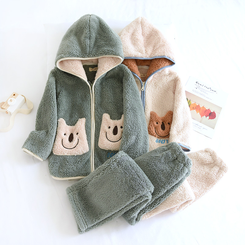 冬季加厚法兰绒珊瑚绒可爱卡通男童女孩女童儿童睡衣家居服套装