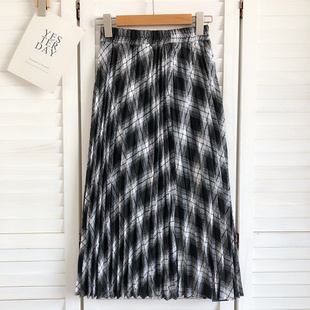 复古格子半身裙2022秋冬新款 a字百褶裙松紧高腰中长裙女 时尚
