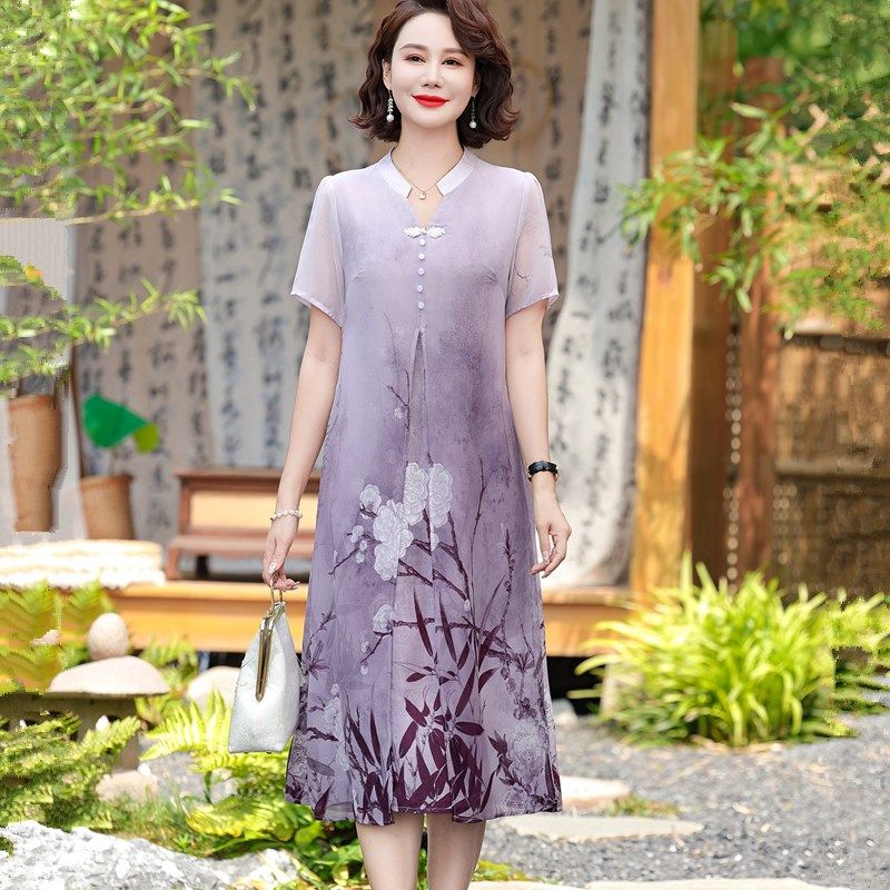 妈妈夏装国风雪纺薄款连衣裙2024新款中年女宽松中长款过膝长裙子