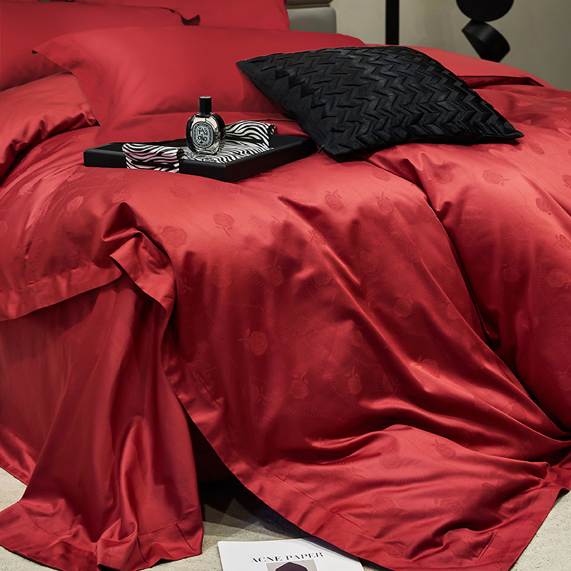轻奢风新婚庆四件组100S长绒棉贡缎提花纯棉被套红色结婚陪嫁床品