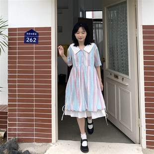 夏日女孩彩色条纹海军领拼接连衣裙女清新学院风裙子可爱少女感
