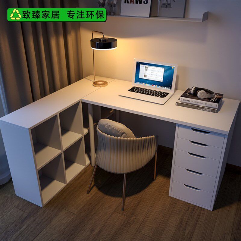 双工位书桌简约l型半包围转角书桌一体书柜家用电脑桌学生学习桌