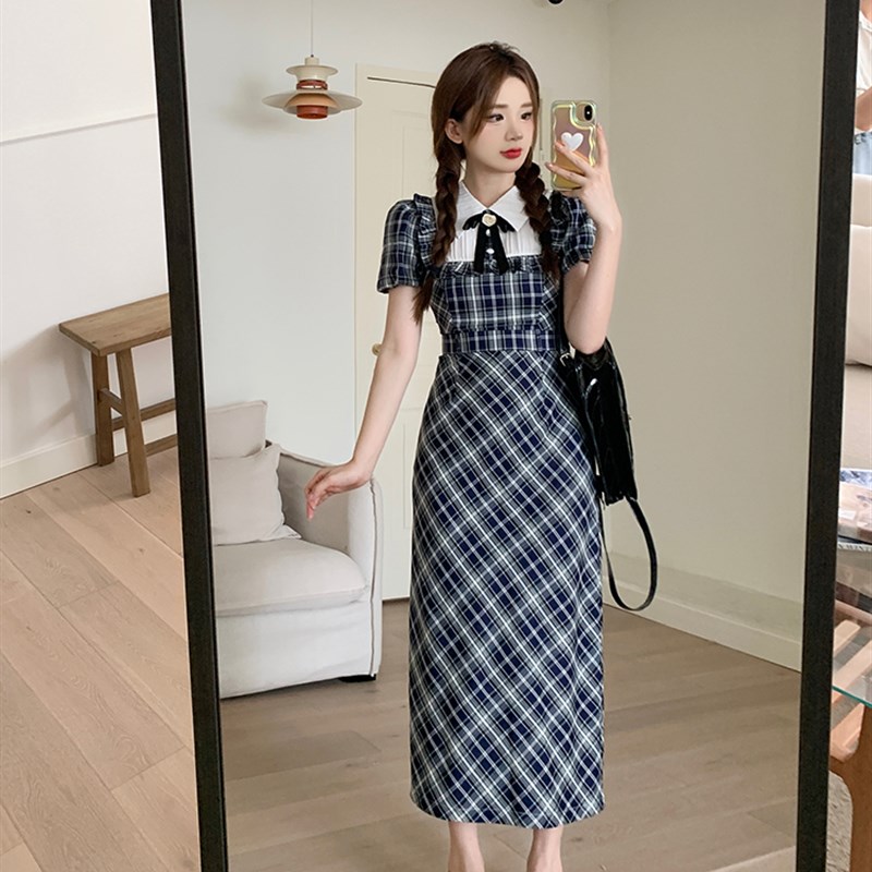 野了个鹿家 大码学院风格子连衣裙女假两件复古裙胖mm显瘦长裙