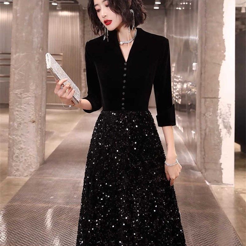 高档晚礼服女宴会气质高级感高端小众轻奢黑色亮片指挥晚宴主持人