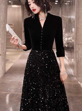 高档晚礼服女宴会气质高级感高端小众轻奢黑色亮片指挥晚宴主持人