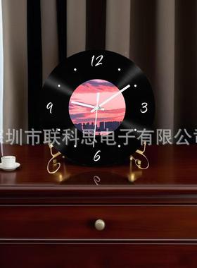30723静时尚音创意挂墙装件饰现代网红家用静音钟黑胶唱片落日摆