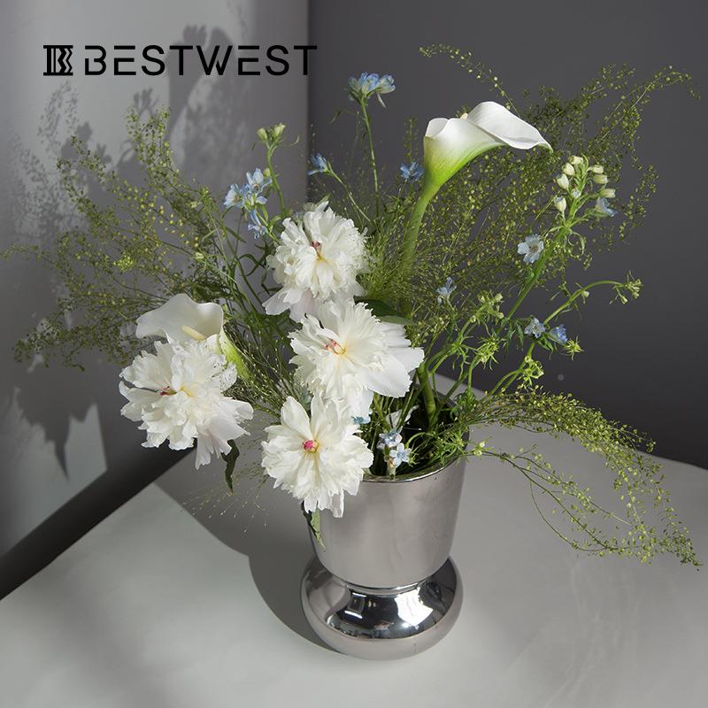 博西家电银色轻奢柱居状陶瓷瓶摆件花家X2026-S居镀软装客厅餐桌