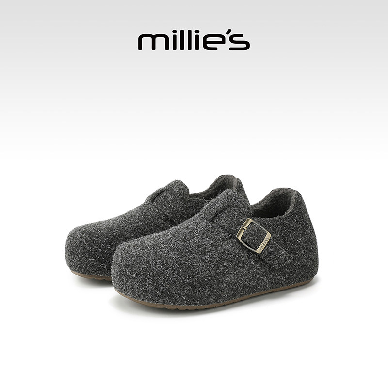 MILLIE'S/妙丽勃肯鞋女款2026新款秋冬加绒一脚蹬平底休闲棉鞋女