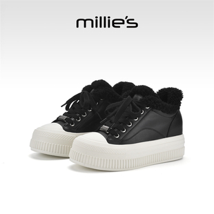 MILLIE'S/妙丽厚底加绒保暖棉鞋女2026新款冬季拼色饼干鞋毛毛鞋