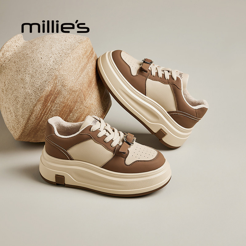 MILLIE'S/妙丽加绒板鞋女款2025新款秋冬厚底运动休闲鞋雪地靴子