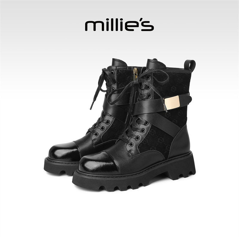 MILLIE'S/妙丽厚底马丁靴女款2026新款真皮高帮短靴黑色机车靴子