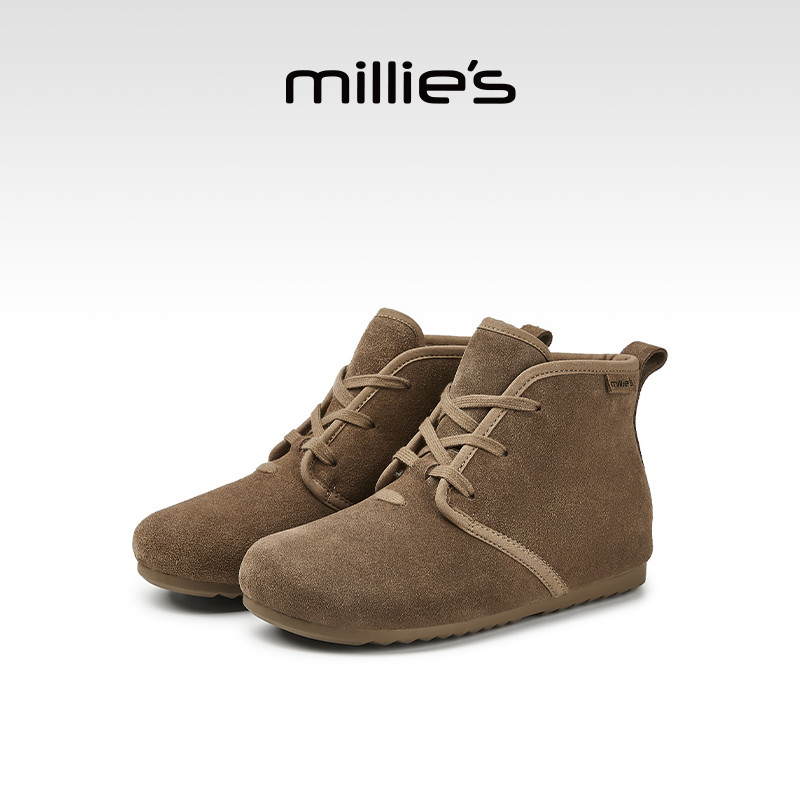 MILLIE'S/妙丽短筒雪地靴女2025新款秋冬加绒内增高棉鞋时装靴子