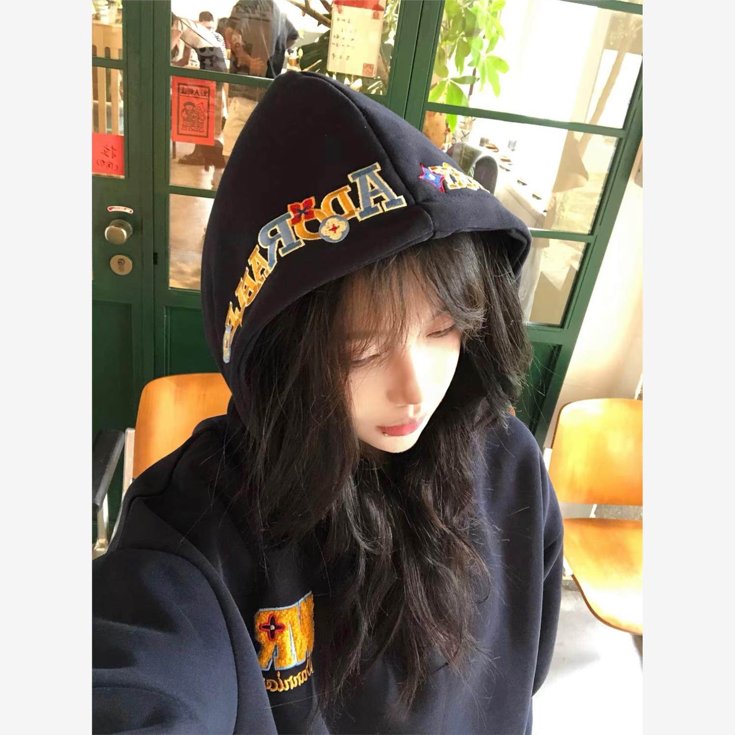 美式高街复古字母刺绣连帽卫衣女