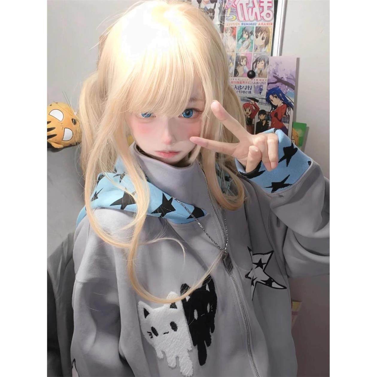 日系甜美星星猫咪刺绣连帽卫衣女2025新款设计感情侣拉链开衫外套