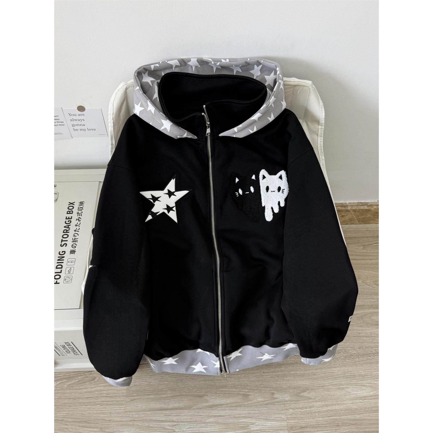 原创美式复古星星猫咪开衫拉链外套秋冬宽松加绒连帽卫衣女情侣潮