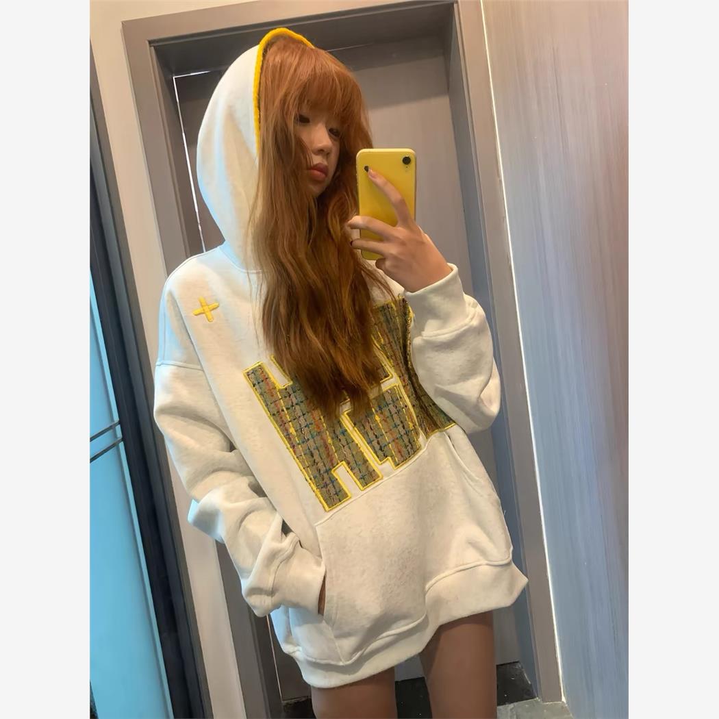 美式复古小香风贴布绣花连帽卫衣女2025秋冬新款宽松百搭情侣上衣