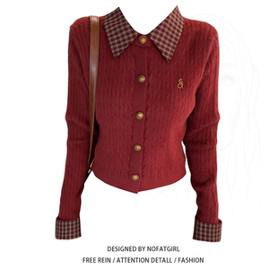 大码胖MM圣诞复古Polo领麻花开衫女秋冬格纹拼接学院风针织衫上衣