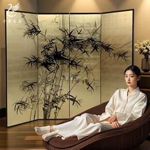 手绘漆画竹子轻奢新中式金箔屏风高颜值国画客厅茶室餐厅酒店民宿