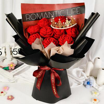 00081七夕情爱人礼物红玫瑰织花束手工毛线花针节成品心diy材料包