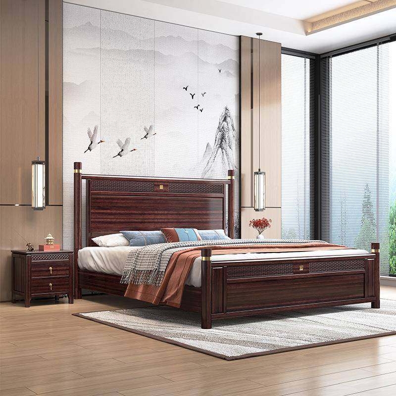 中式乌金家具木双床现代简MRJ.H313约轻奢主卧实木床禅意人高箱储