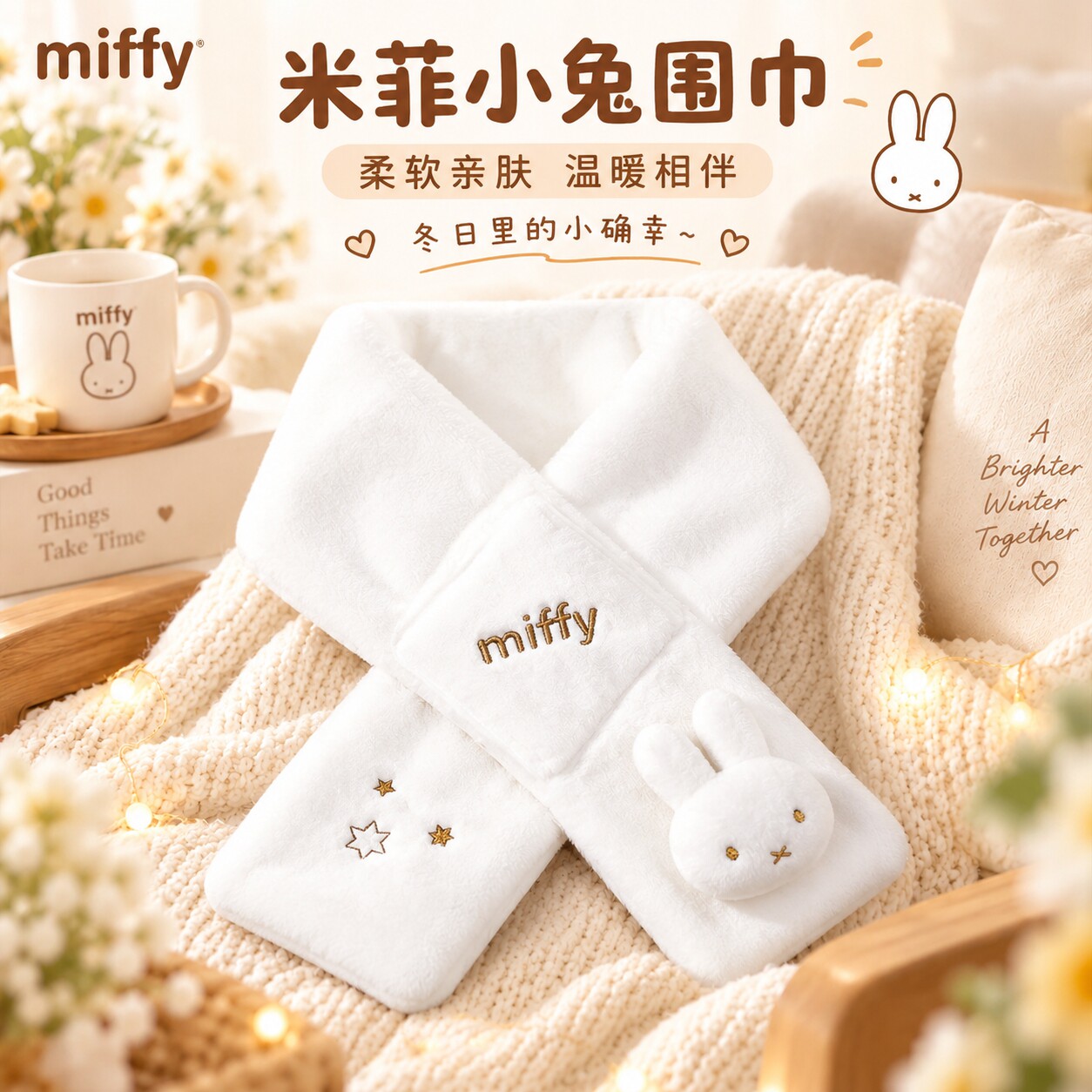 Miffy米菲围巾女款冬季保暖毛绒可爱卡通高级感甜美可爱交叉围脖