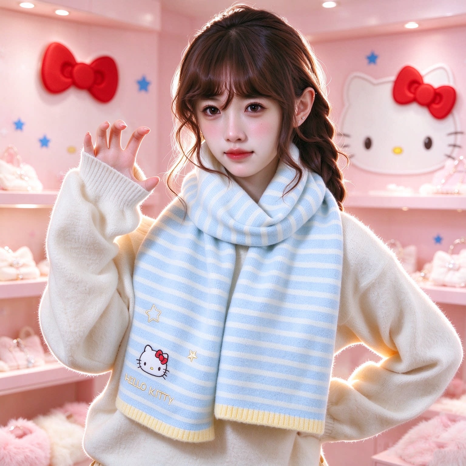 正版授权HelloKitty条纹针织围巾女秋冬可爱卡通保暖少女心围脖