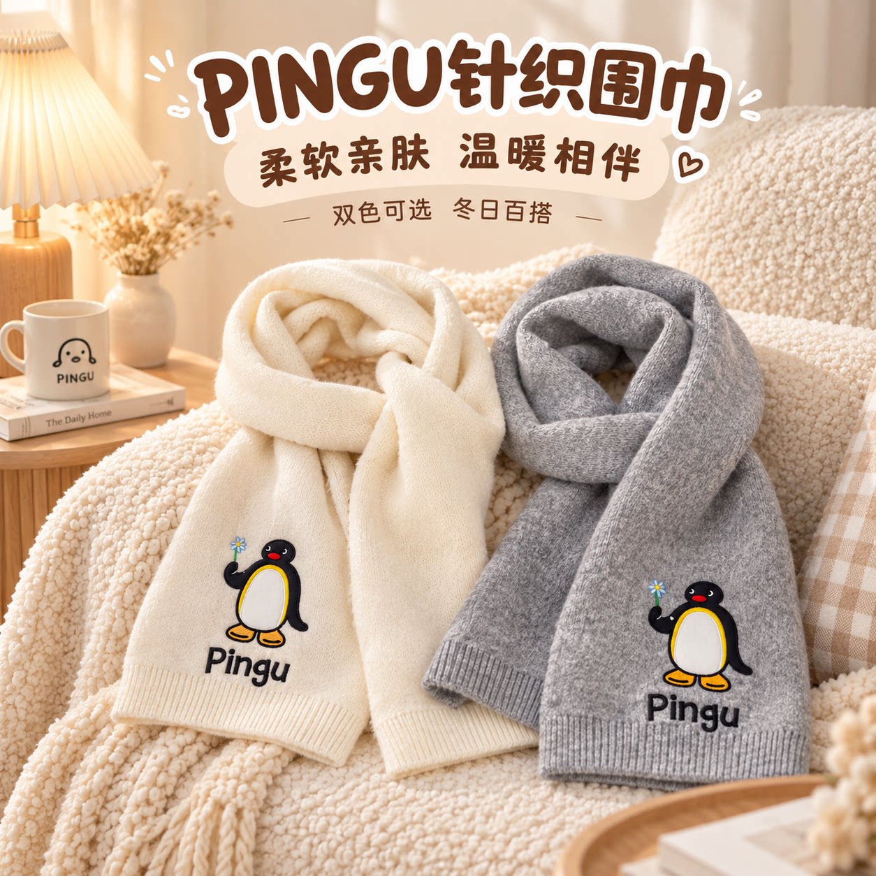 Pingy针织围巾女冬毛线柔软保暖可爱高级感加厚防寒护颈百搭围脖