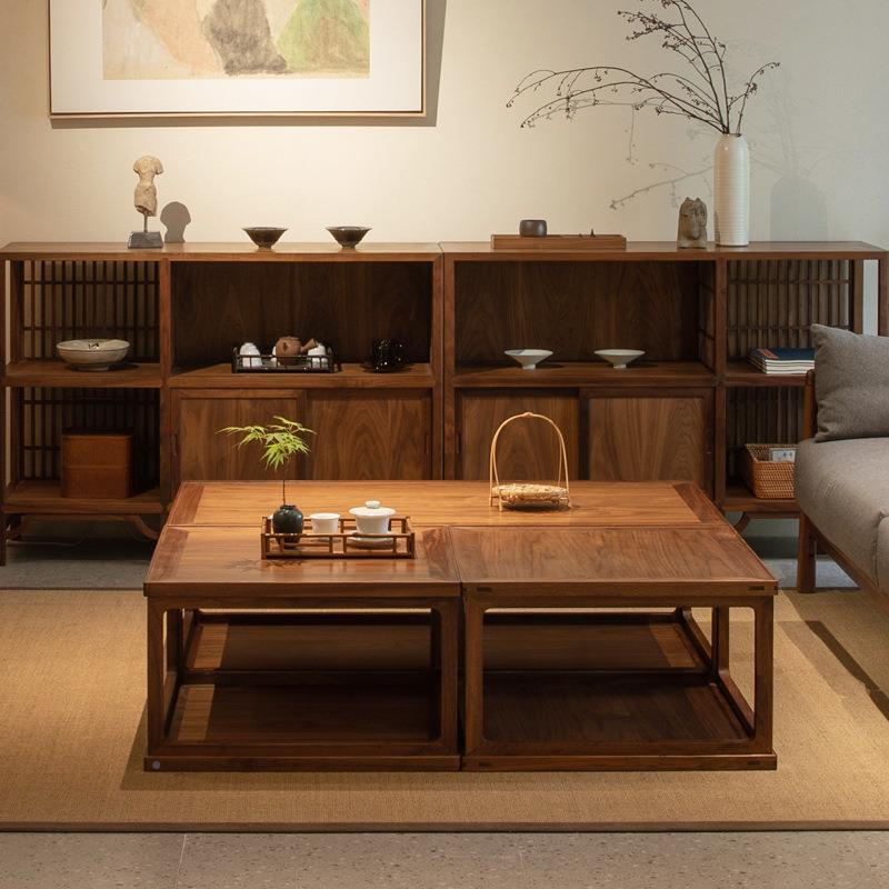 茶新中全JA-FC-01实木方形小茶几简约式黑胡桃木实木式桌台组合客