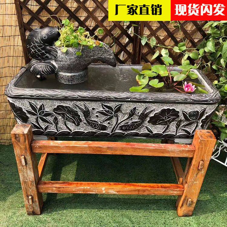 青石水缸庭院聚宝盆石雕鱼缸家用养鱼水池户外门海长方形花盆摆件