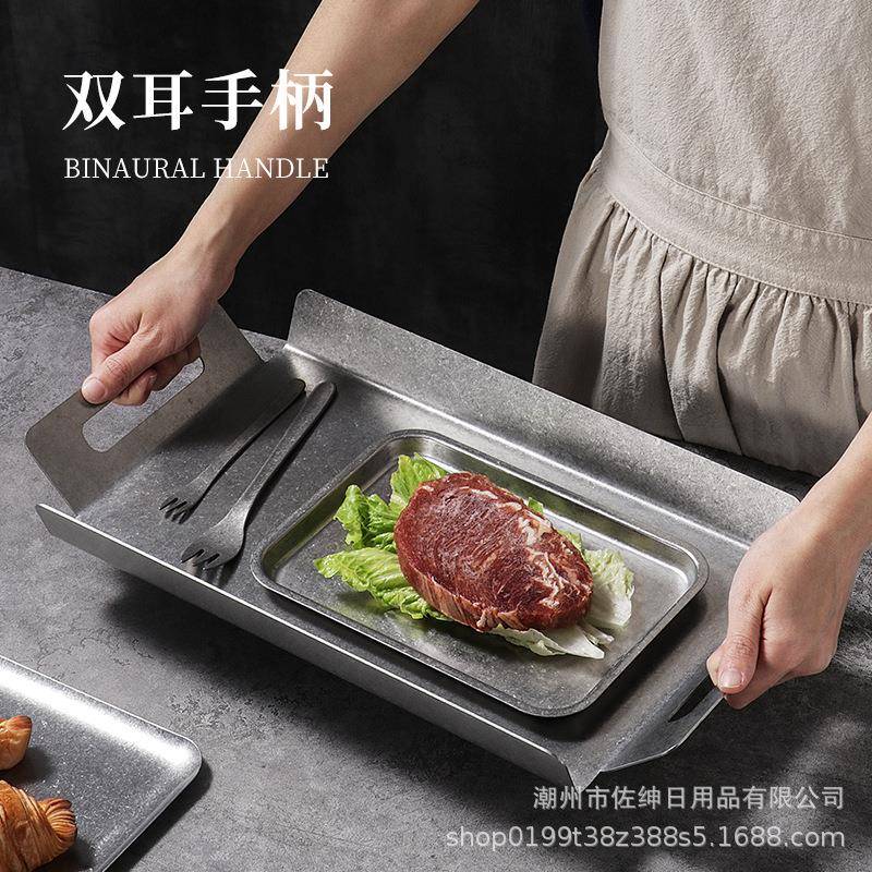 做0旧复古工业34不锈钢端餐盘咖DC-1啡风店料茶水饮盘长方形托盘